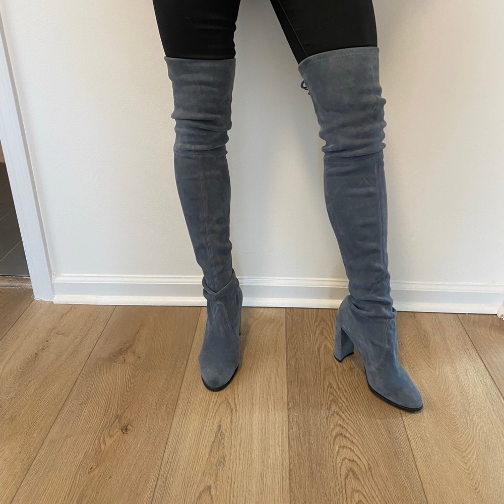 Stuart Weitzman the signature thigh high, suede, gray blue boots.